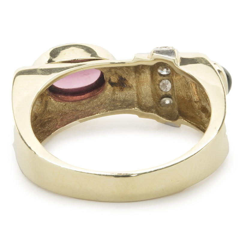14 Karat Yellow Gold Diamond and Pink / Green Tourmaline Geometric Ring