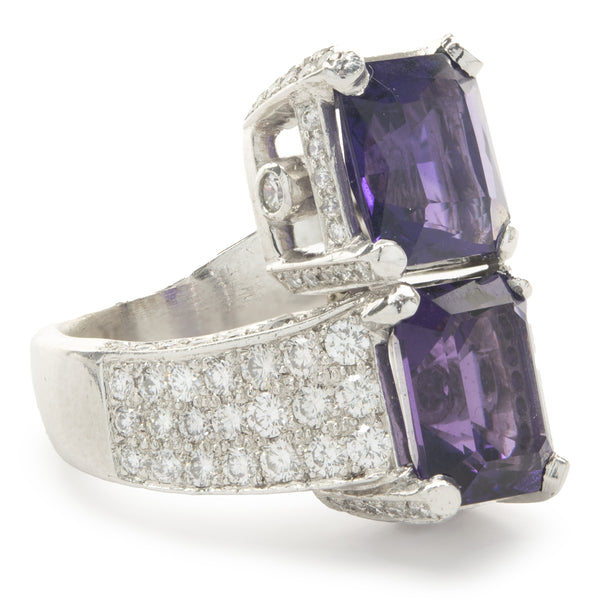 Platinum Amethyst and Pave Diamond Stack Bypass Ring
