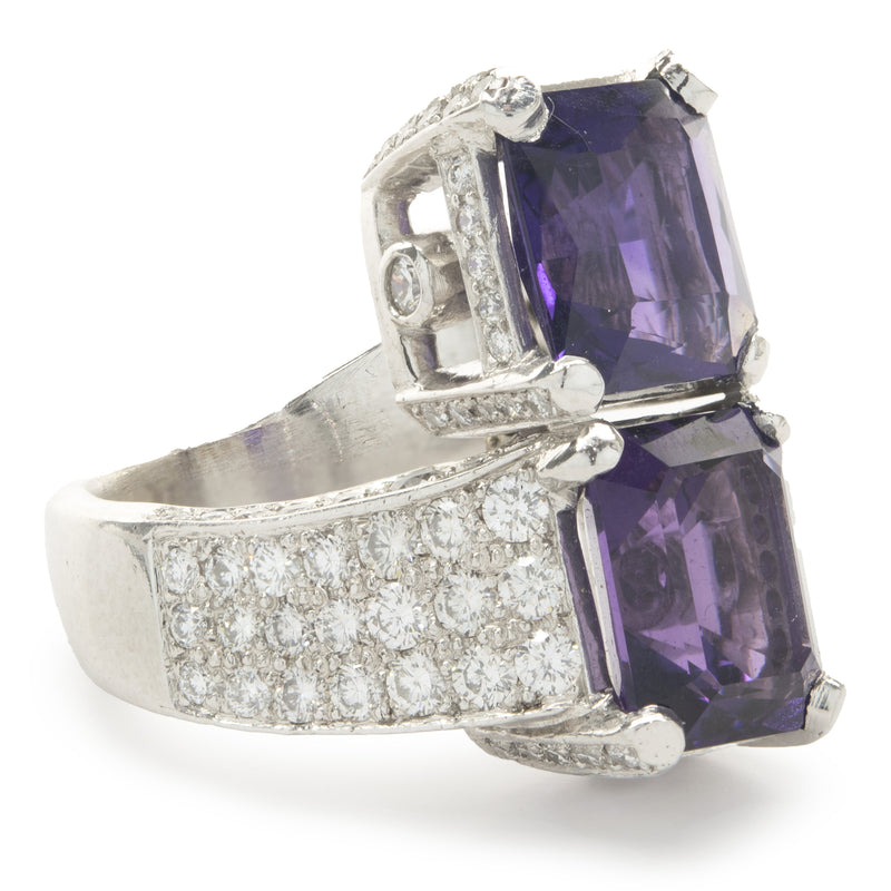 Platinum Amethyst and Pave Diamond Stack Bypass Ring