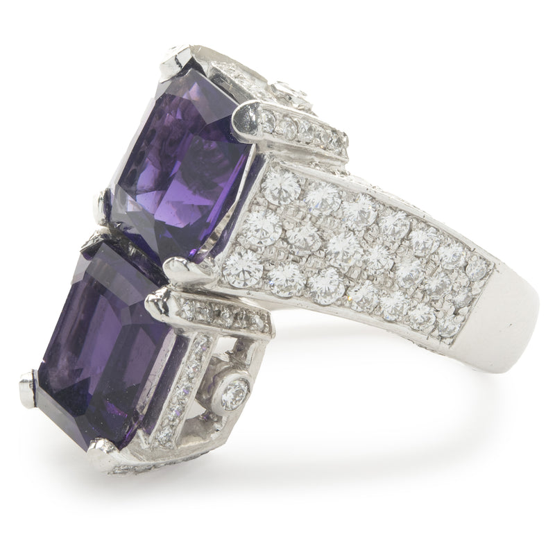 Platinum Amethyst and Pave Diamond Stack Bypass Ring
