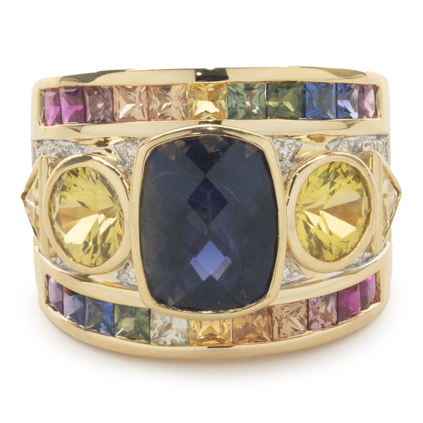 18 Karat Yellow Gold Iolite, Rainbow Sapphire, and Diamond Ring