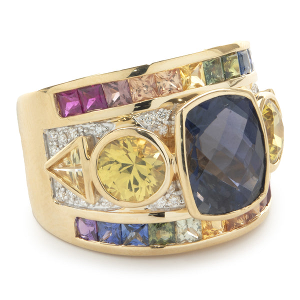 18 Karat Yellow Gold Iolite, Rainbow Sapphire, and Diamond Ring