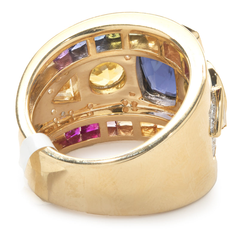18 Karat Yellow Gold Iolite, Rainbow Sapphire, and Diamond Ring