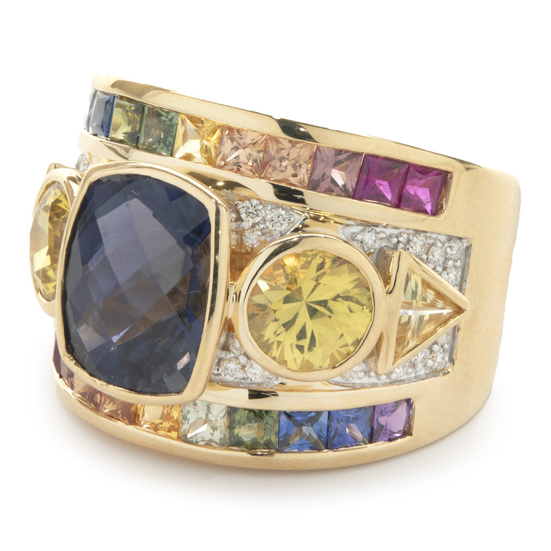 18 Karat Yellow Gold Iolite, Rainbow Sapphire, and Diamond Ring