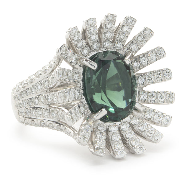 Platinum Green Tourmaline and Diamond Spray Ring