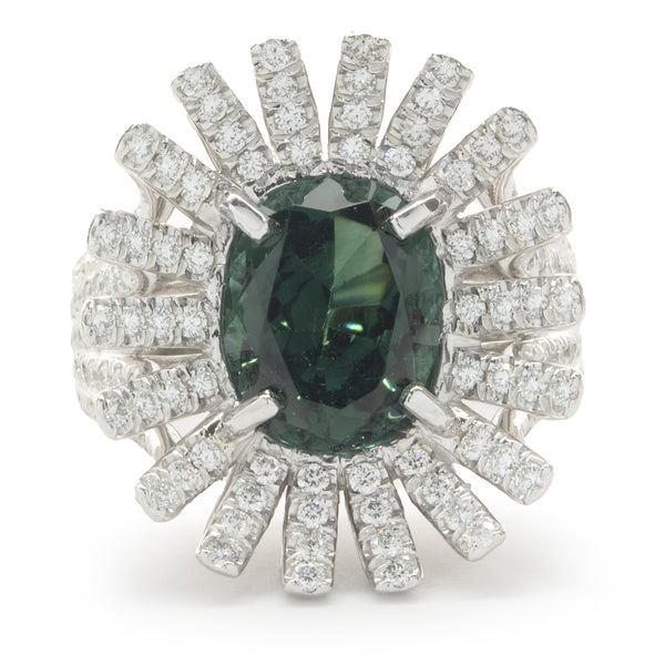 Platinum Green Tourmaline and Diamond Spray Ring