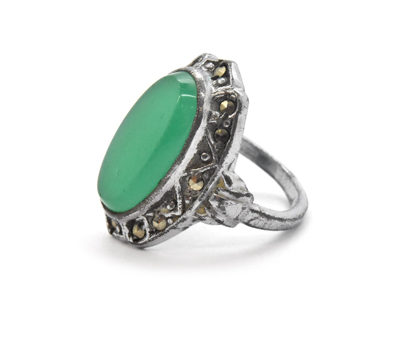 Vintage Sterling Silver, Marcasite And Green Stone Ring Size 6.75