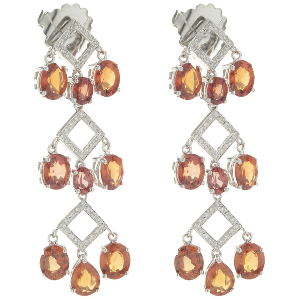 14 Karat White Gold Orange Sapphire and Diamond Three Tier Drop Earrings