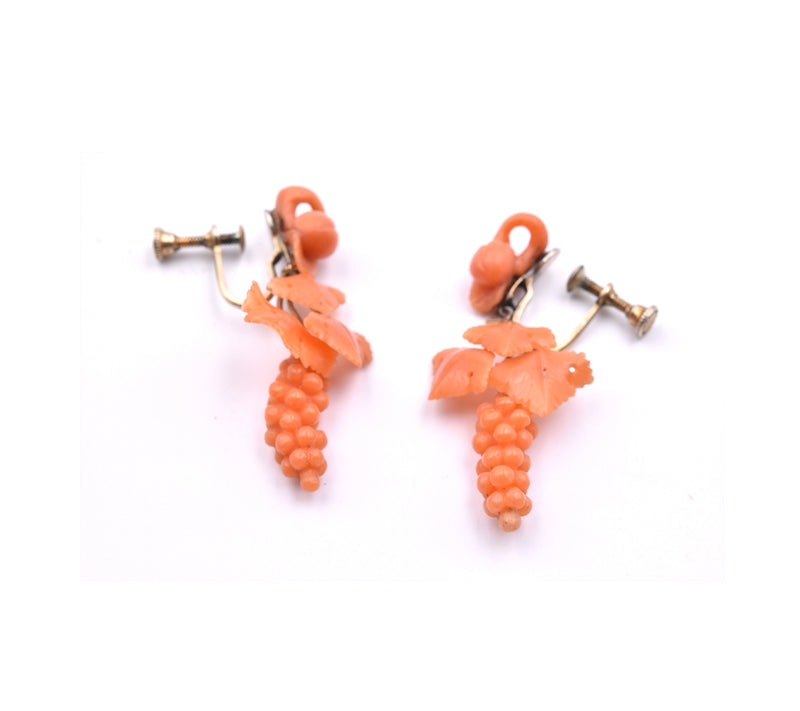 Sterling Silver Vintage Grape Vine Carved Orange Coral Earrings