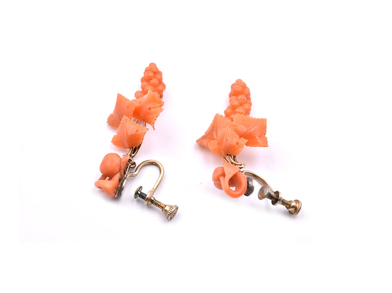 Sterling Silver Vintage Grape Vine Carved Orange Coral Earrings