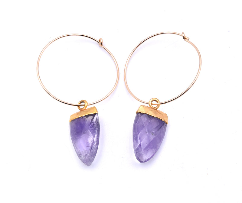 14 Karat Yellow Gold Hoops with Gold Plated Amethyst Drops