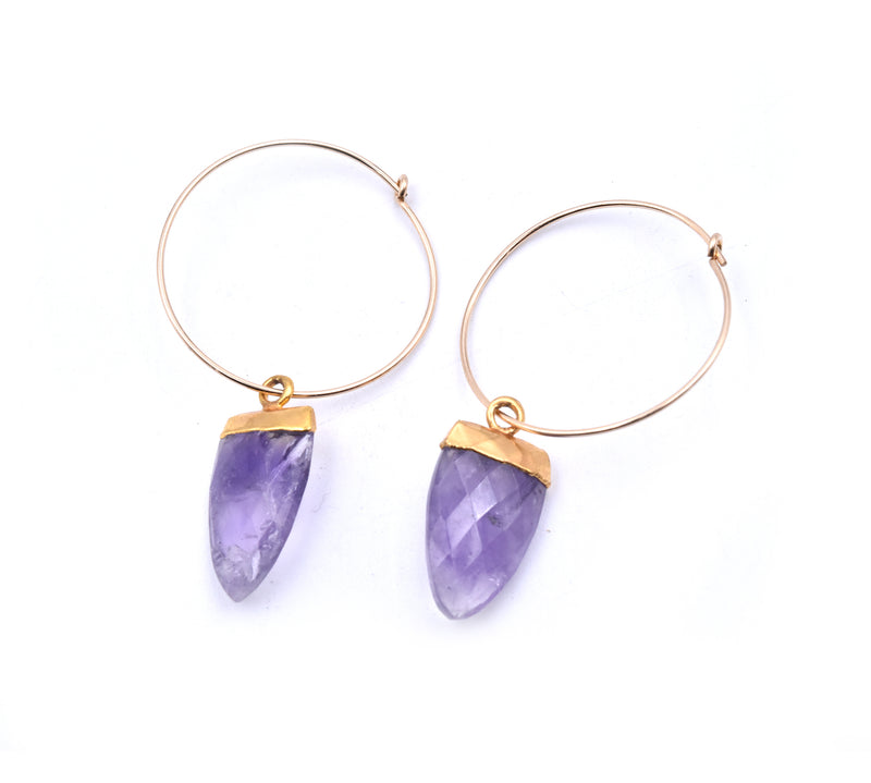 14 Karat Yellow Gold Hoops with Gold Plated Amethyst Drops