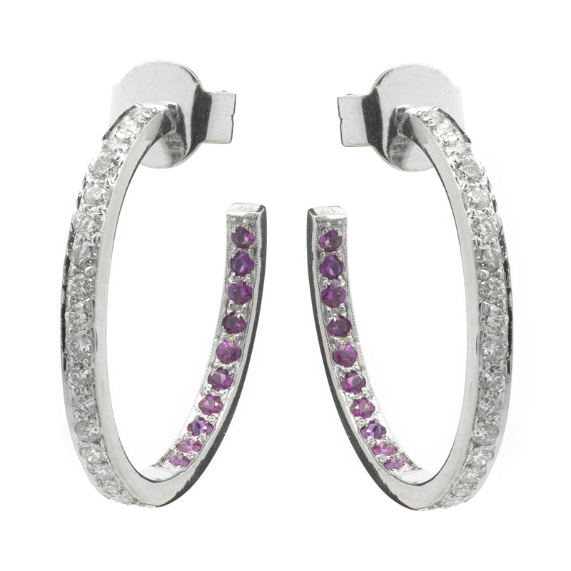 18 Karat White Gold Diamond and Ruby Inside Outside Hoop Earrings