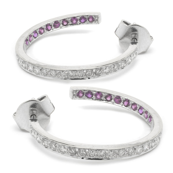 18 Karat White Gold Diamond and Ruby Inside Outside Hoop Earrings