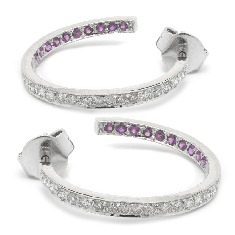 18 Karat White Gold Diamond and Ruby Inside Outside Hoop Earrings