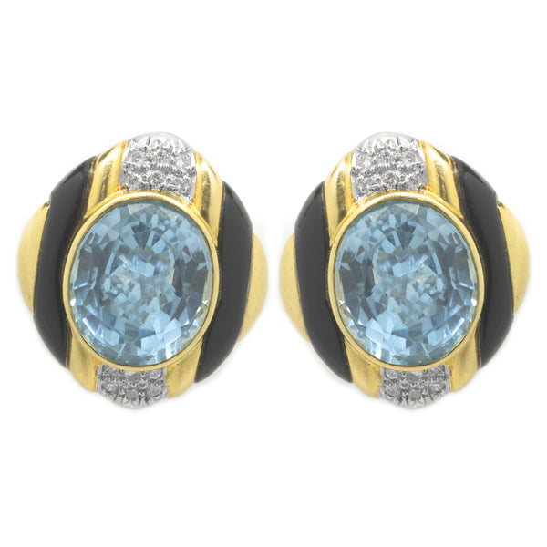 18 Karat Yellow Gold Blue Topaz, Diamond and Black Onyx Earrings