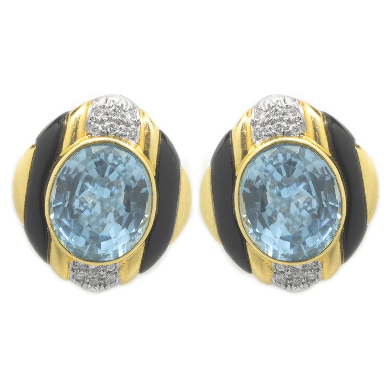 18 Karat Yellow Gold Blue Topaz, Diamond and Black Onyx Earrings