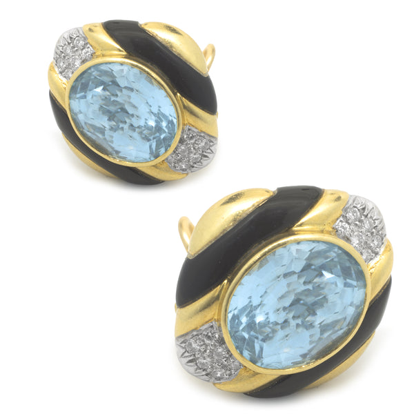 18 Karat Yellow Gold Blue Topaz, Diamond and Black Onyx Earrings
