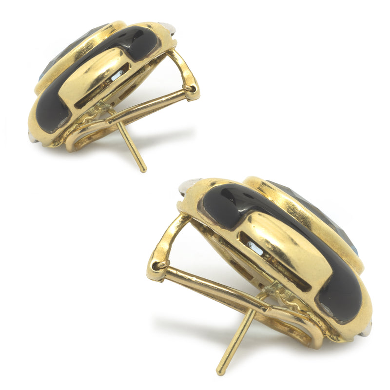 18 Karat Yellow Gold Blue Topaz, Diamond and Black Onyx Earrings