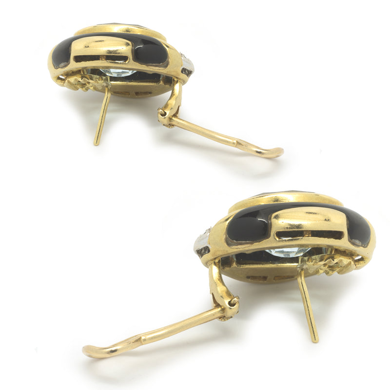 18 Karat Yellow Gold Blue Topaz, Diamond and Black Onyx Earrings