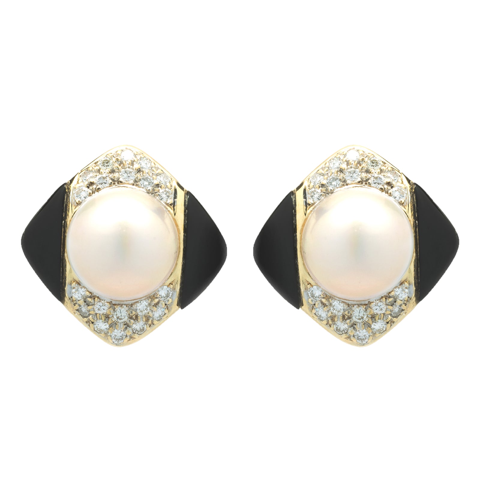 14 Karat Yellow Gold Pearl, Diamond and Black Onyx Earrings