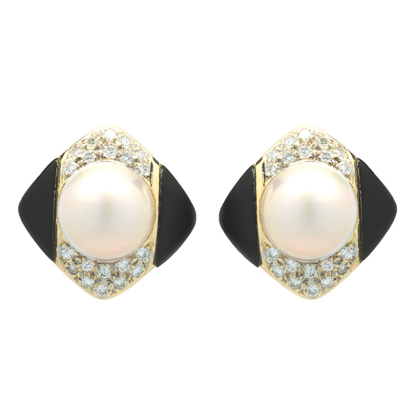 14 Karat Yellow Gold Pearl, Diamond and Black Onyx Earrings