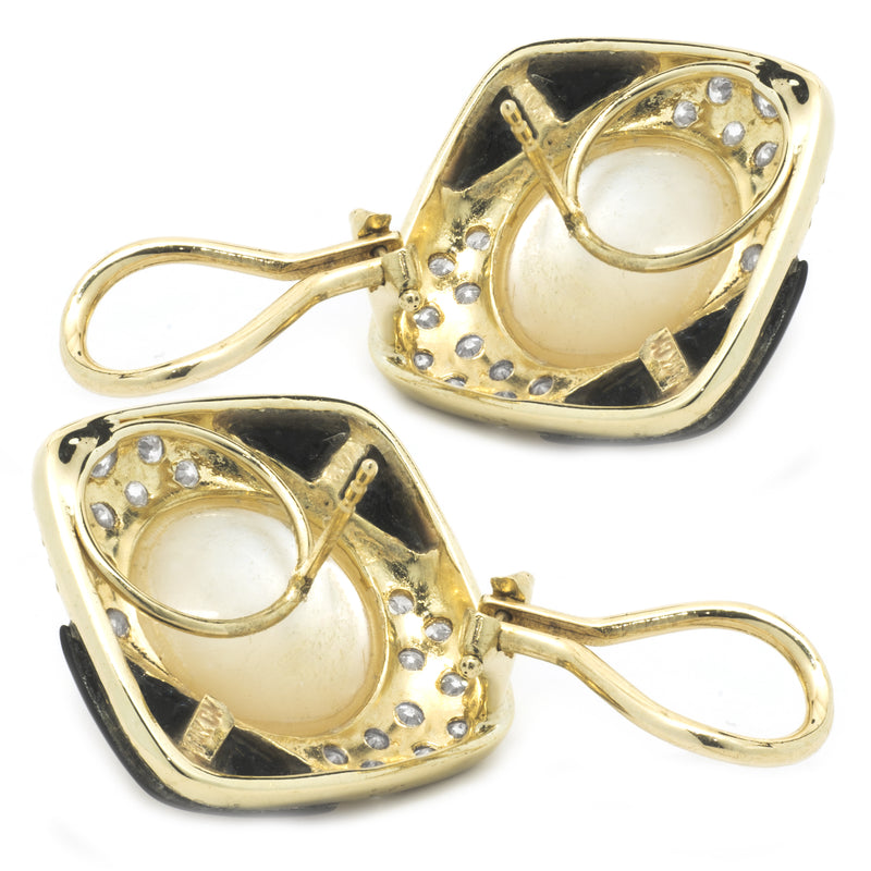 14 Karat Yellow Gold Pearl, Diamond and Black Onyx Earrings