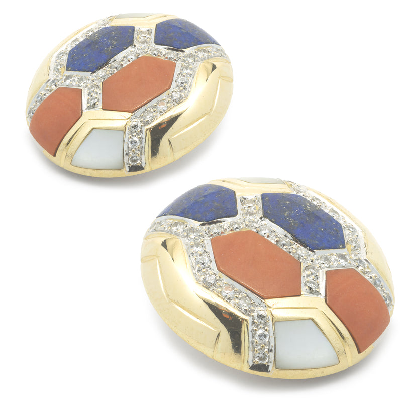 18 Karat Yellow Gold Coral, Mother of Pearl, Lapis and Diamond Disc Earrings