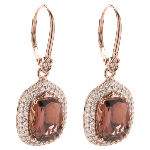 Chromia 18 Karat Rose Gold Salmon Tourmaline and Diamond Drop Earrings