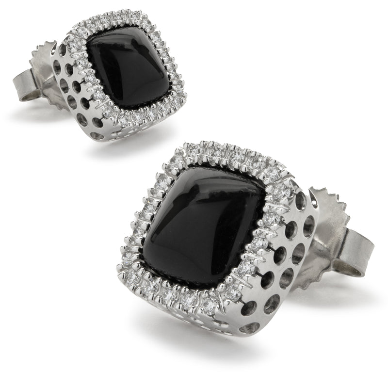 14 Karat White Gold Black Onyx and Diamond Stud Earrings