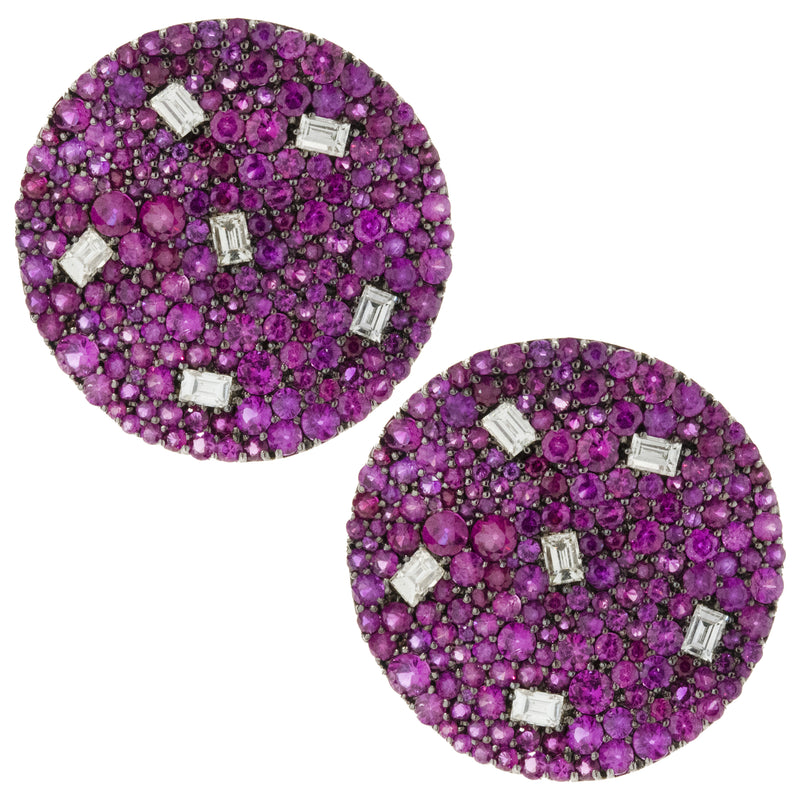 18 Karat White Gold Pave Ruby and Diamond Disc Earrings