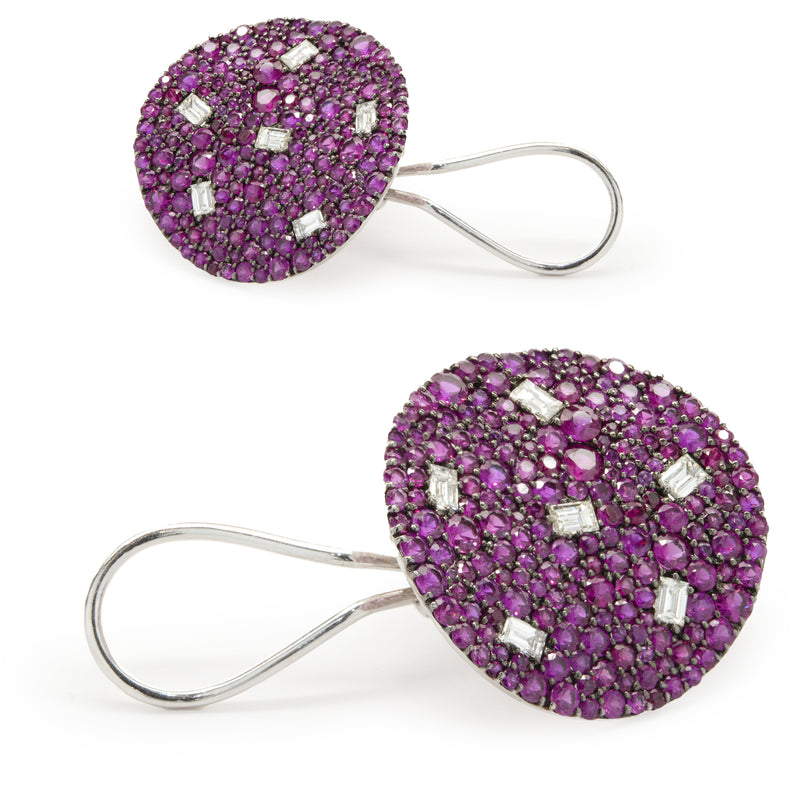 18 Karat White Gold Pave Ruby and Diamond Disc Earrings