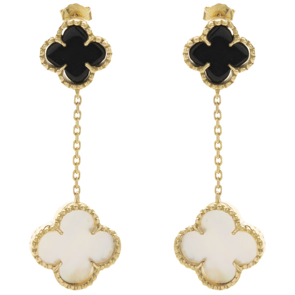 18 Karat Yellow Gold Black Onyx and Mother of Pearl Quatrefoil Drop Earrings