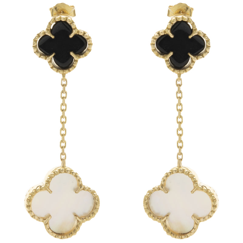 18 Karat Yellow Gold Black Onyx and Mother of Pearl Quatrefoil Drop Earrings