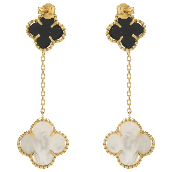 18 Karat Yellow Gold Black Onyx and Mother of Pearl Quatrefoil Drop Earrings