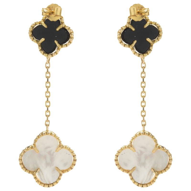 18 Karat Yellow Gold Black Onyx and Mother of Pearl Quatrefoil Drop Earrings