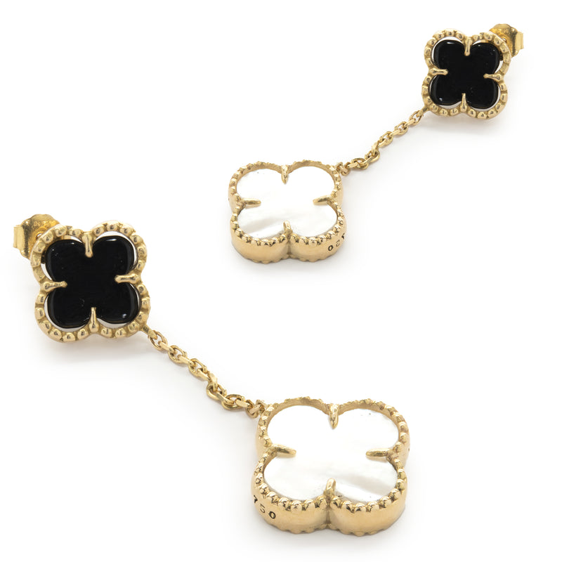 18 Karat Yellow Gold Black Onyx and Mother of Pearl Quatrefoil Drop Earrings