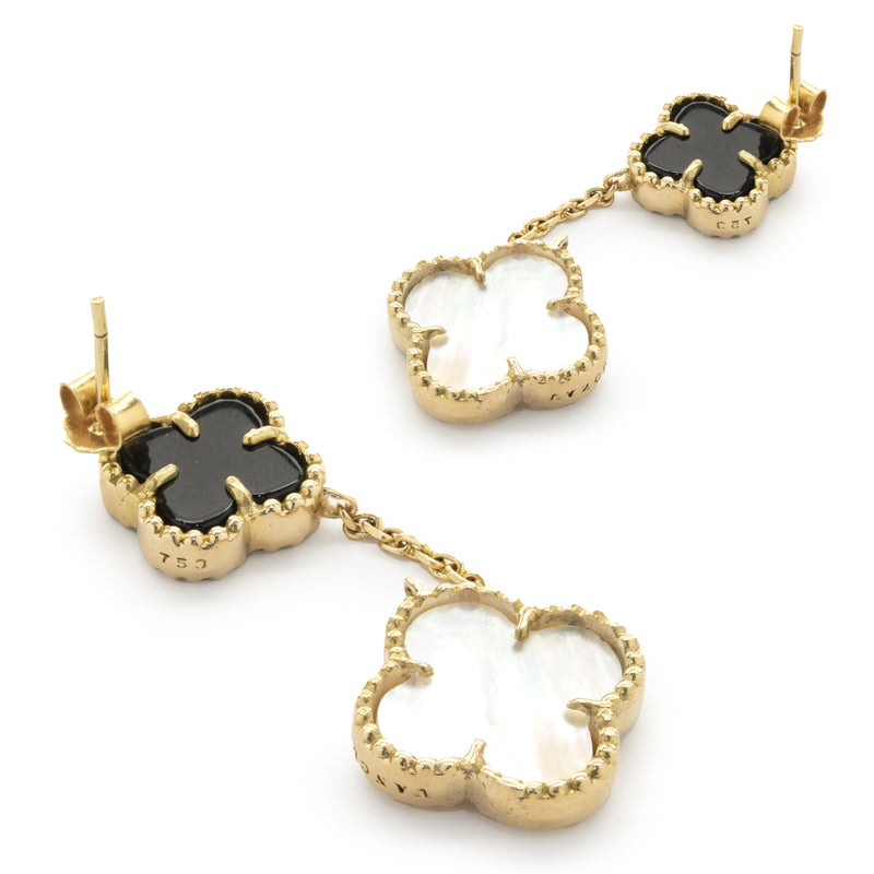 18 Karat Yellow Gold Black Onyx and Mother of Pearl Quatrefoil Drop Earrings