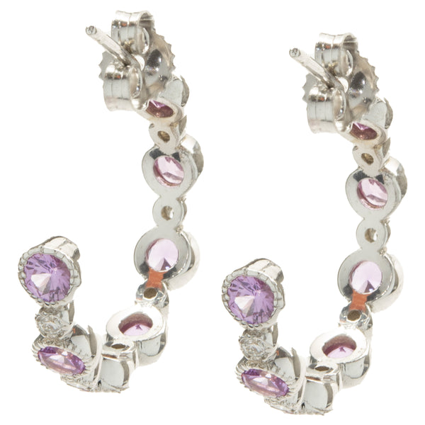 14 Karat White Gold Bezel Set Pink Sapphire and Diamond Huggie Hoop Earrings