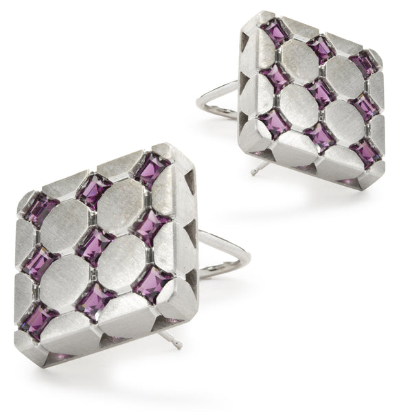 18 Karat Yellow Gold Rhodium Coated Pink Topaz Square Earrings