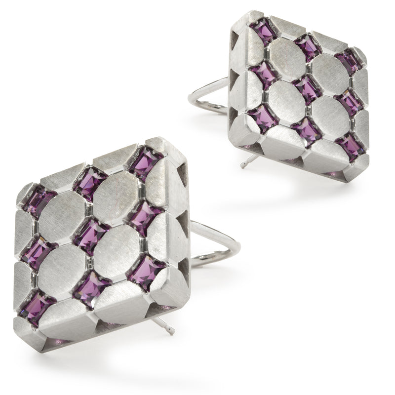 18 Karat Yellow Gold Rhodium Coated Pink Topaz Square Earrings
