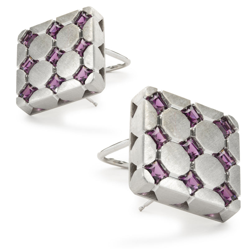 18 Karat Yellow Gold Rhodium Coated Pink Topaz Square Earrings