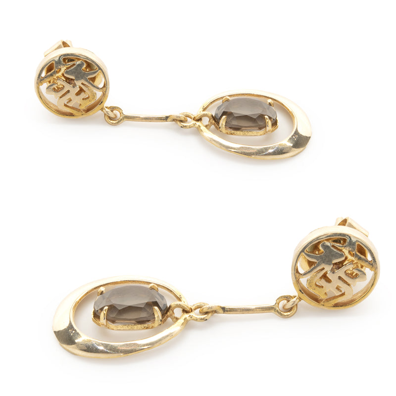 14 Karat Yellow Gold Vintage Smoky Topaz Asian Style Writing Drop Earrings