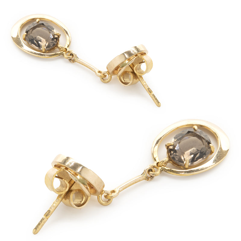 14 Karat Yellow Gold Vintage Smoky Topaz Asian Style Writing Drop Earrings