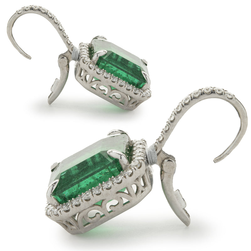 14 Karat White Gold Emerald and Diamond Drop Earrings