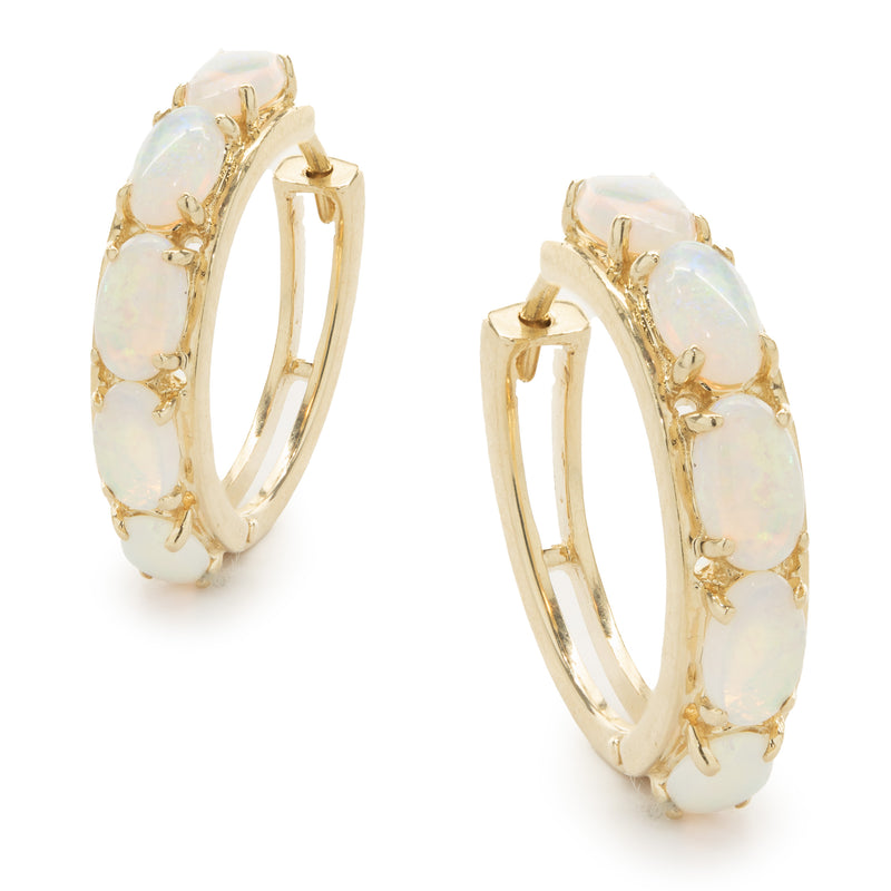 14 Karat Yellow Gold Opal Huggie Hoop Earrings