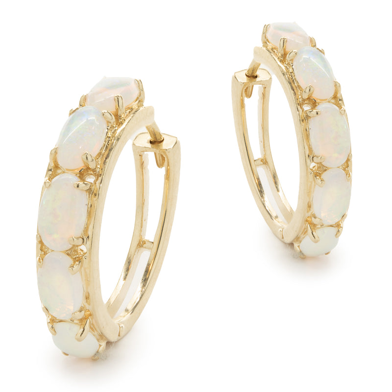 14 Karat Yellow Gold Opal Huggie Hoop Earrings