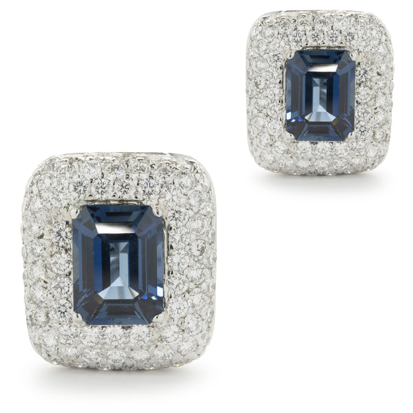 18 Karat White Gold Blue Sapphire and Pave Diamond Earrings