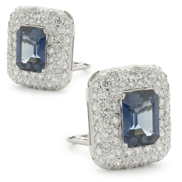 18 Karat White Gold Blue Sapphire and Pave Diamond Earrings