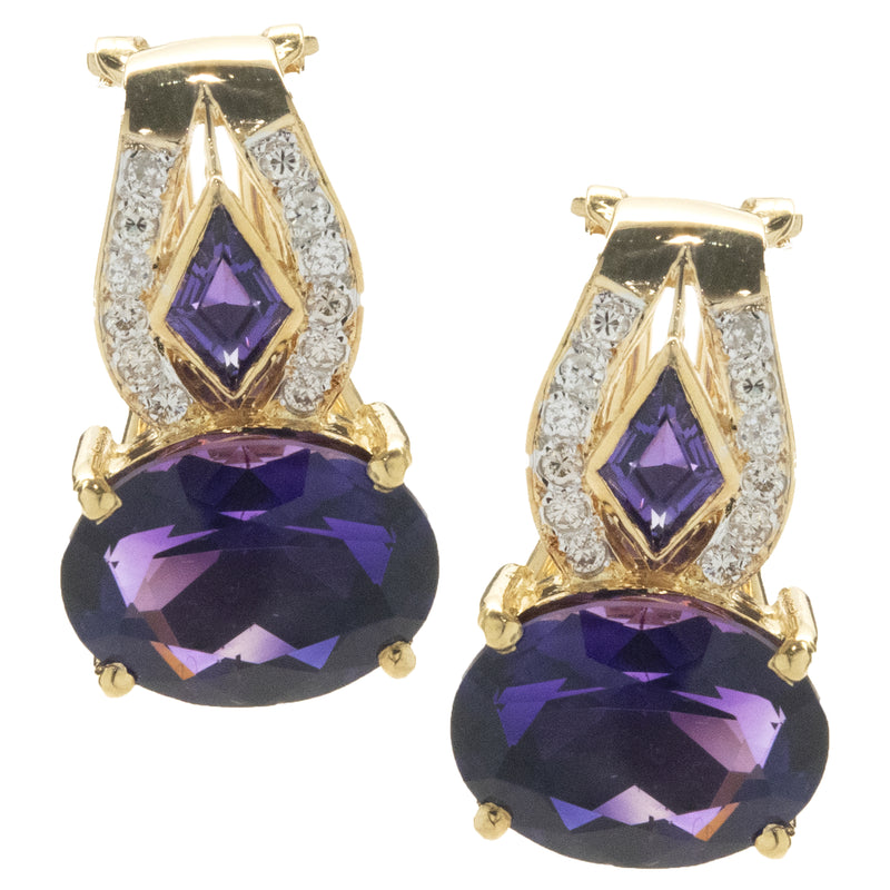 18 Karat Yellow Gold Vintage Diamond and Amethyst Drop Earrings
